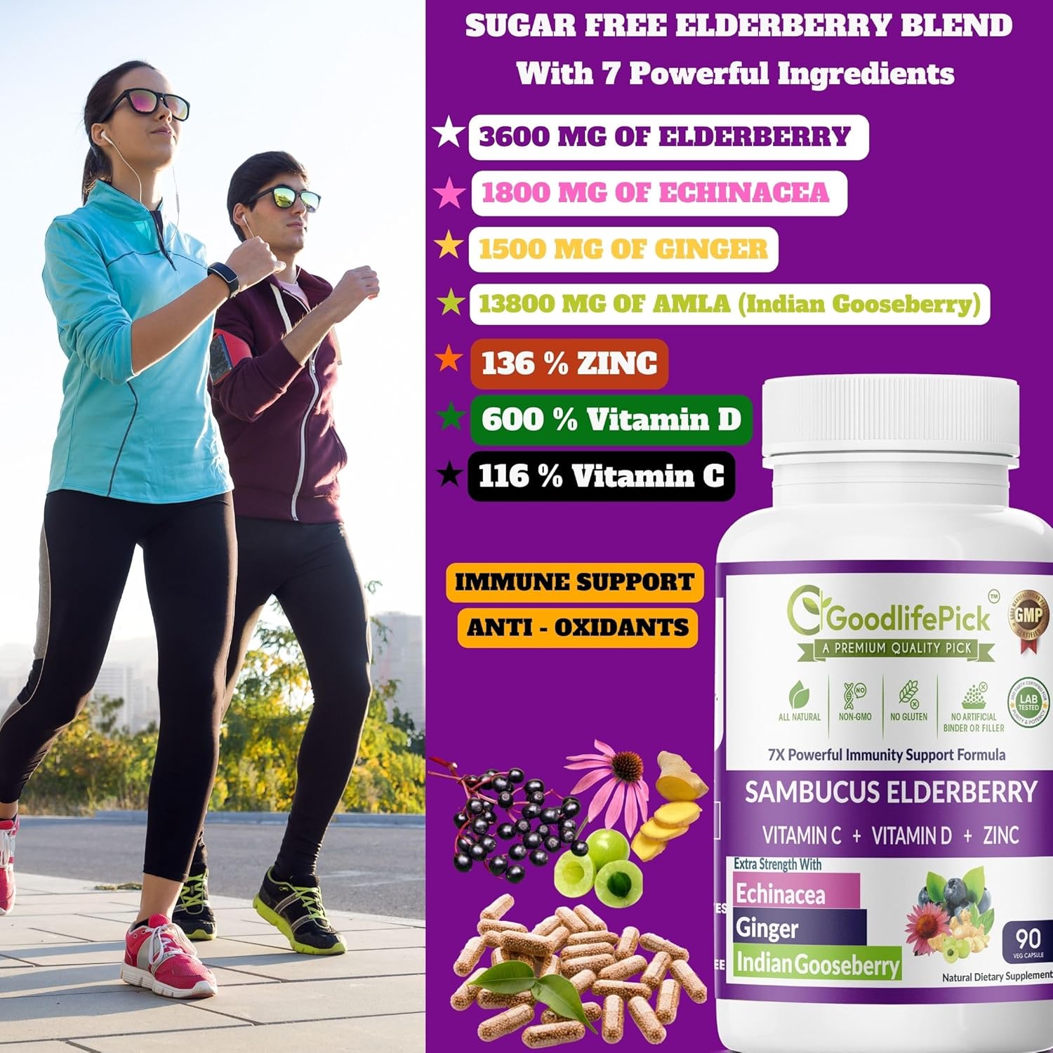 7 In 1 Elderberry With Zinc, Vitamin C, Vitamin D, Echinacea, Ginger & Indian Gooseberry (Amla).Premium Elderberry Capsules 90 Ct, All Natural,Non-Gmo,Vegan,No Rice Powder, No-Gluten : Health & Household