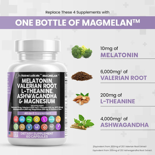 Clean Nutraceuticals Melatonin 10Mg Valerian Root 6000Mg L Theanine 200Mg Ashwagandha 4000Mg - Sleep Support For Women & Men With Magnesium Complex, Lemon Balm, Chamomile, & Passion Flower - 60 Caps