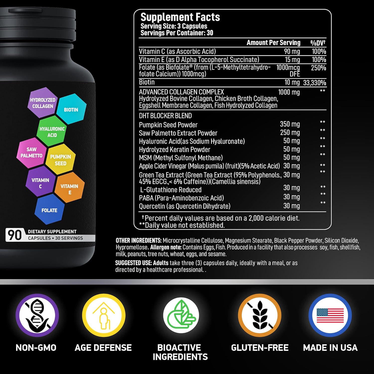 Age Defense Beauty Collagen Matrix - 2,000Mg Multi Collagen Biotin Keratin Hyaluronic Acid Saw Palmetto Vitamin C Supplement Complex - Dht Blocker For Men & Women For Hair Growth - 90 Gluten-Free Caps : Health & Household