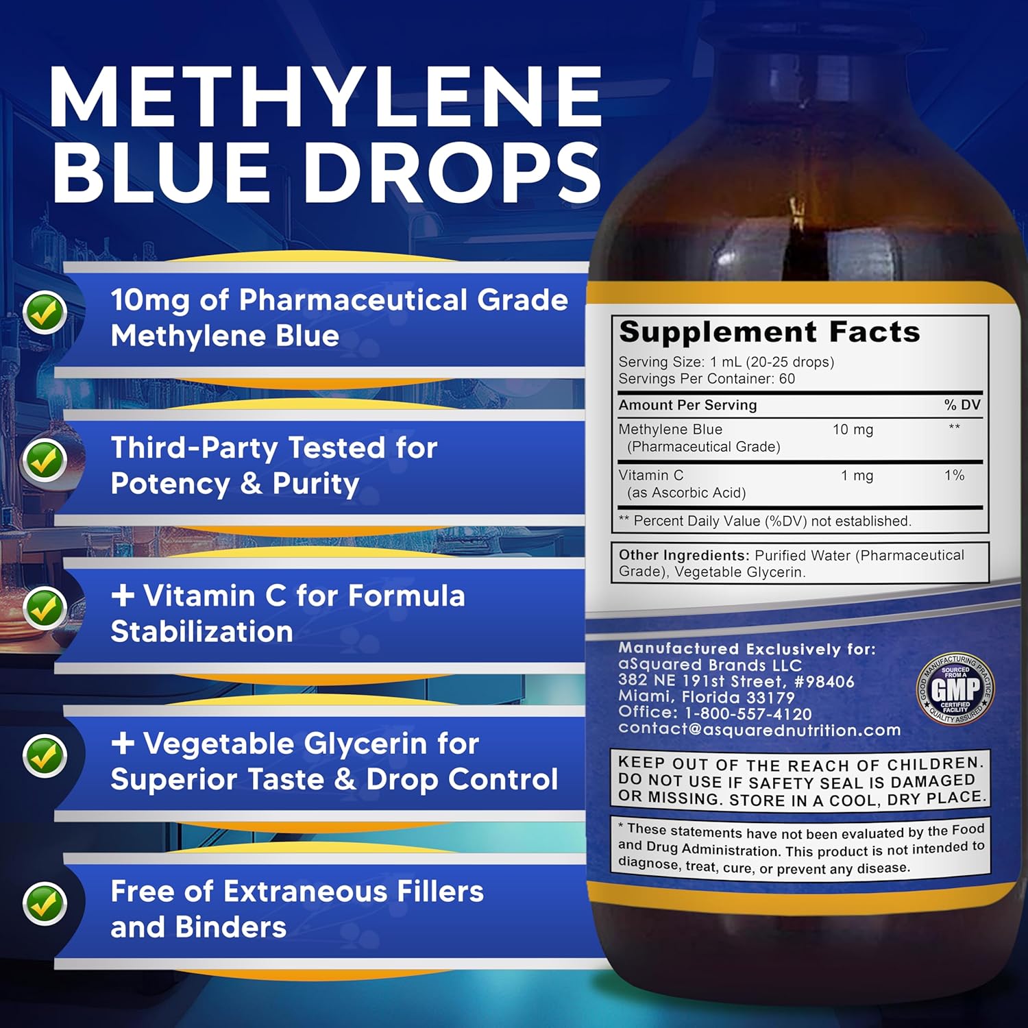 Asquared Nutrition Methylene Blue Drops - 1% Pharmaceutical Grade Liquid Supplement For Humans - 10Mg Usp Grade W/Vitamin C - No Formaldehyde - Brain & Energy Alternative To Capsules (2 Fl Oz) : Health & Household