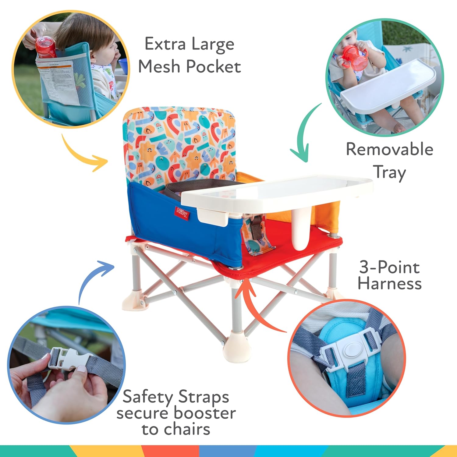 Nuby Pop-Up Booster Seat With Removable Tray - 6+ Months - Portable Booster Seat For Floor For Indoor/Outdoor Use - 3-Point Safety Adjustable Straps - Summer Travel Essentials - Blue : Baby