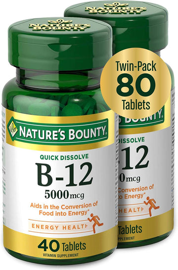 Nature'S Bounty Vitamin B12, Quick Dissolve Vitamin Supplement, Supports Energy Metabolism And Nervous System Health, 5000Mcg, 40 Tablets (Pack Of 2)