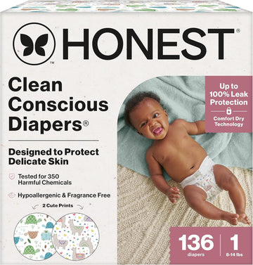 The Honest Company Clean Conscious Diapers For Delicate Skin | Up To 100% Leakproof | Hypoallergenic, Fragrance Free | Girl Prints | Super Club Box, Size 2 (12-18 Lbs), 124 Count (Prints May Vary)