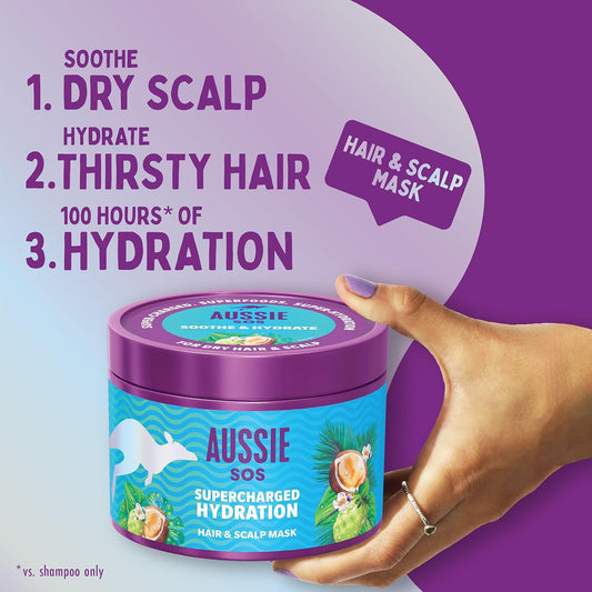 Aussie Sos Supercharged Hydration Scalp & Hair Mask, Soothe Dry Scalp And Rehydrate Extremely Dry, Thirsty Hair, 100 Hours Of Hydration, Leave In Cream Or Rinse Out, 500Ml