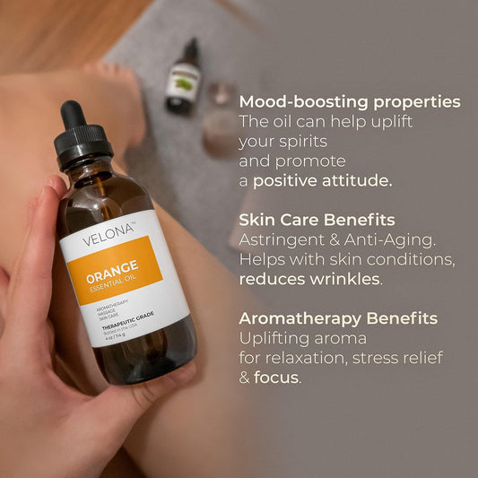 Orange Essential Oil By Velona - 4 Oz | Therapeutic Grade 100% Pure And Natural | For Aromatherapy Diffuser, Massage, Skincare, Haircare, Soapmaking | Undiluted In Glass Bottle