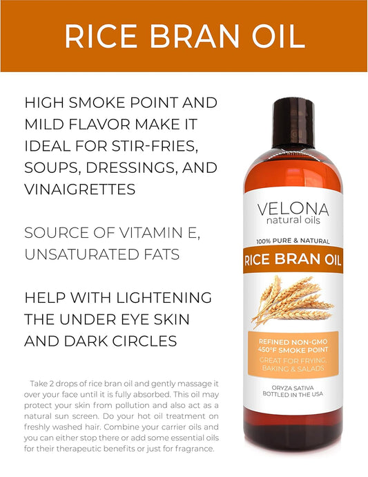 Rice Bran Oil by Velona - 16 oz | 100% Pure and Natural Carrier Oil | Refined, Cold Pressed | Cooking, Face, Hair, Body & Skin Care | Use Today - Enjoy Results