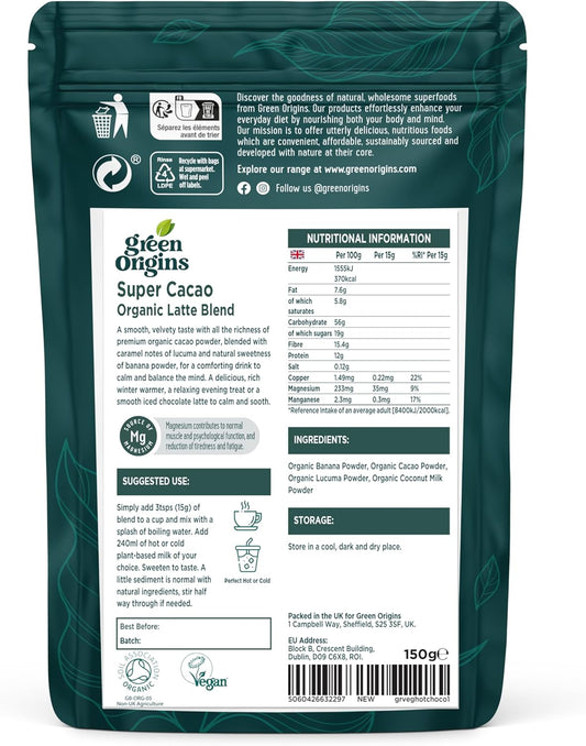 Green Origins Organic Super Cacao Latte Blend To Calm & Balance The Mind | No Added Sugar | Vegan Hot Chocolate Powder | 10 Servings, 150G | Gluten Free, Dairy Free, Kosher