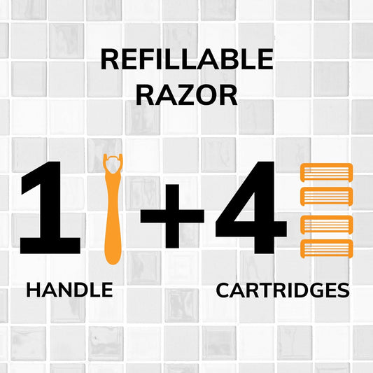 BIC Flex 4 Refillable Razors for Men, Long-Lasting 4 Blade Razors for Sensitive Skin, 1 Handle and 4 Cartridges, 5 Piece Shaving Kit