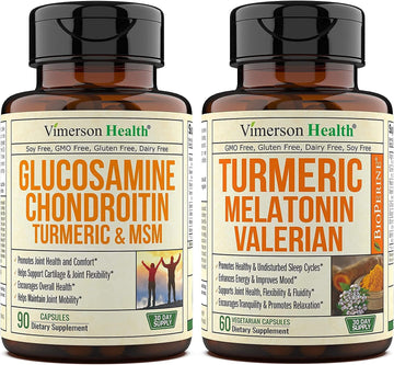 Vimerson Health Glucosamine Chondroitin Msm Boswellia + Turmeric Melatonin Valerian Bundle. Joint Discomfort Relief, Balanced Inflammatory Response And Stress Relief