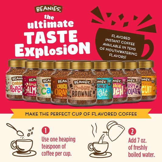 Beanies Flavour Instant Coffee - Creamy Caramel Instant Flavored Coffee - Bold & Adventurous Full-On Flavor - An Indulgent Sugar Free Taste Explosion - Low Calorie - Vegan & Gluten Free - Wheat & Dairy Free, 50G Jar