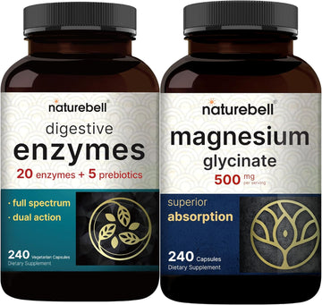 Magnesium Glycinate Capsules 500Mg | 240 Count, 100% Chelated & Purified & Digestive Enzymes With Prebiotics | 240 Veggie Capsules - 20 Enzyme & 5 Prebiotic Pancreatic Enzyme Complex