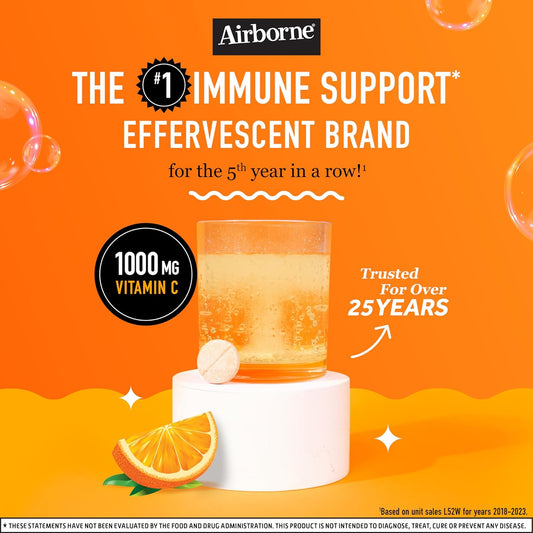 Airborne 1000Mg Vitamin C With Zinc, Sugar Free Effervescent Tablets, Immune Support Supplement With Powerful Antioxidants Vitamins A C & E - 30 Fizzy Drink Tablets, Zesty Orange Flavor