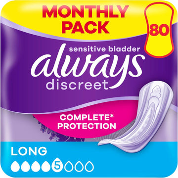 Always Discreet Incontinence Pads Long, 80 Pads (4 X 20 Pieces) Monthly Pack, Discreet Protection & High Absorbency, Odour-Neutralising (Packaging May Vary)