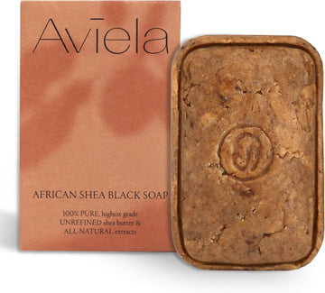 Aviela African Black Soap Bar, Contains Shea Butter, Clears & Exfoliates Skin, Vegan & Cruelty Free, 100% Natural Unrefined African Shea Butter Face & Body Soap, 120G