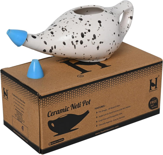 Healthgoodsin Ceramic Neti Pot, Premium Handcrafted Durable, Dishwasher Safe With 2 Silicone Nozzle Tip, 225 Ml. (7.6 Fl Oz) Capacity (Dotted Ivory)