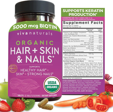 Organic Biotin Vitamins For Hair Skin And Nails Health Support - Vegetarian-Friendly Hair Skin Nails Vitamins For Women With Vitamin E & Biotin 5000Mcg To Help Produce Keratin - 120 Biotin Supplement