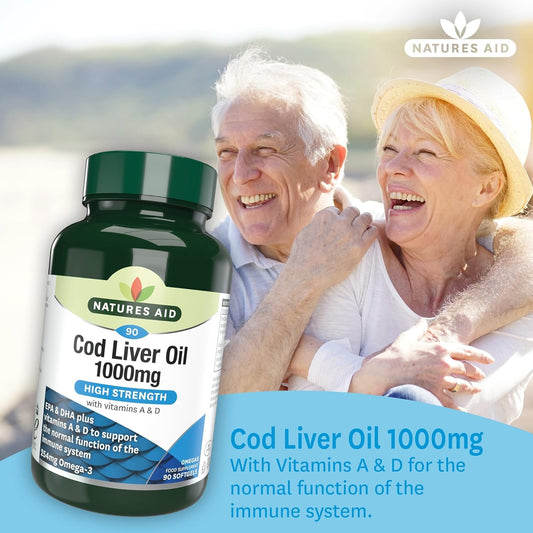 Natures Aid Cod Liver Oil 1000Mg Softgels β High Strength Omega-3 Fish Oil With Vitamins A & D β Supports Immune System, Heart Health, Brain, Vision, Joints β Non-Gmo β 90 Capsules