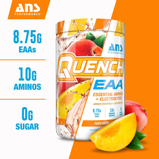 Quench Eaa Aminos + Electrolytes - Complete Blend Of 9 Eaas - 10G Total Amino Acids - Vitamins, Antioxidants, Electrolytes - Zero Sugar, Carbs, Calories (Peach Mango)
