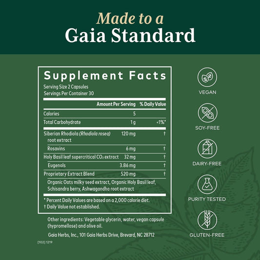Gaia PRO Daytime HPA - Adaptogen & Nervine Supplement for Stress - Ashwagandha, Organic Holy Basil, Oats, Rhodiola & Schisandra - 120 Vegan Liquid Phyto-Capsules (60 Servings)