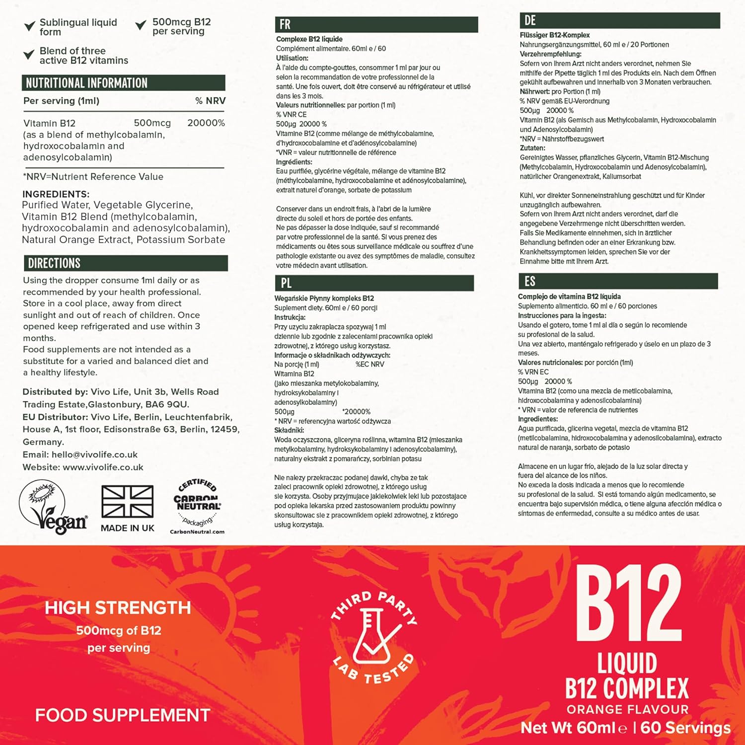 Buy Vivo Life - Vitamin B12 Complex, High Potency Health Supplement, Orange Flavor Liquid Drops, 60Ml, 60 Servings On  Free Shipping On Qualified Orders