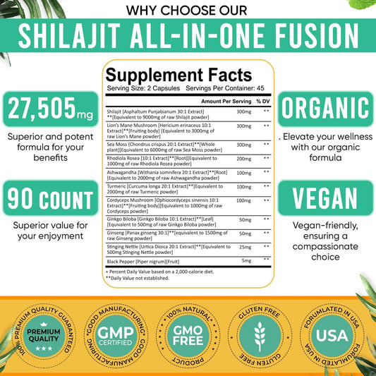 Shilajit For Men 11-In-1 Pure Himalayan Organic Shilajit Capsules With Sea Moss Ashwagandha Rhodiola Rosea Panax Ginseng Turmeric Lion’S Mane Ginkgo. Shilajit Capsules For Women