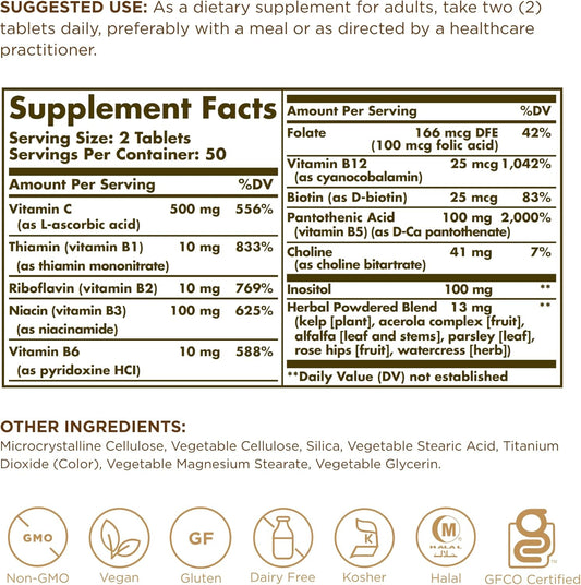 Solgar B-Complex With Vitamin C - 100 Tablets, Pack Of 2 - Non-Gmo, Vegan, Kosher, Halal & Gluten Free - 100 Total Servings