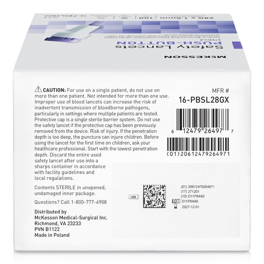 Mckesson Safety Lancet, Retractable, Push Button Activation - Ideal For Blood Testing - Sterile, Single Use, 28 Gauge, 1.5Mm Depth, 100 Count, 1 Pack