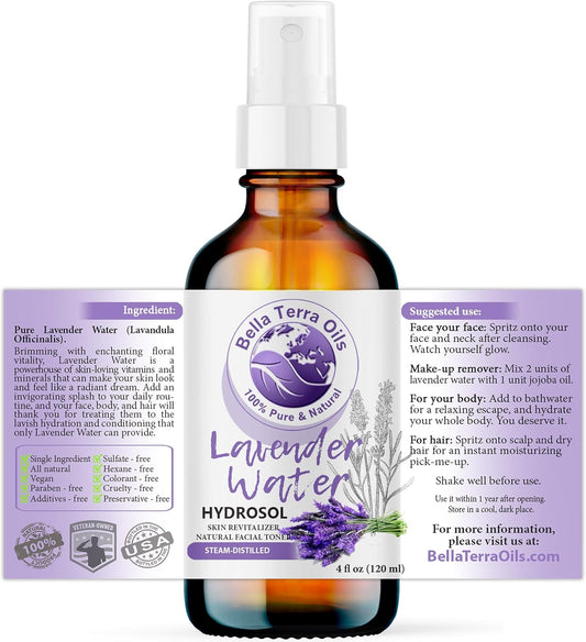Bella Terra Oils - Lavender Toner for Face 4oz - Enriched with Vitamin C & D, Omega-6 Fatty Acids, Exquisite Hydrosol Blend for Skin Wellness