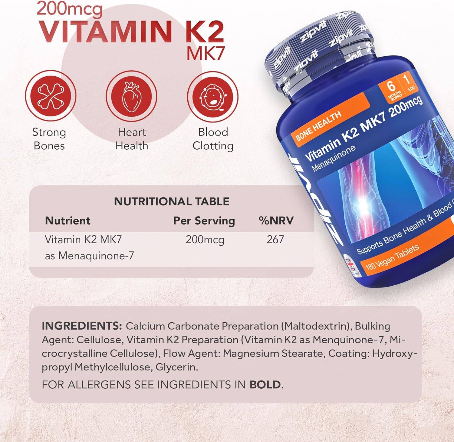 Zipvit Vitamin K2 MK7 200mcg, High-Strength, 6-Month Supply, 1-a-Day, 180 Tablets, Vegan Supplement for Heart Health & Strong Bones : Amazon.co.uk: Health & Personal Care