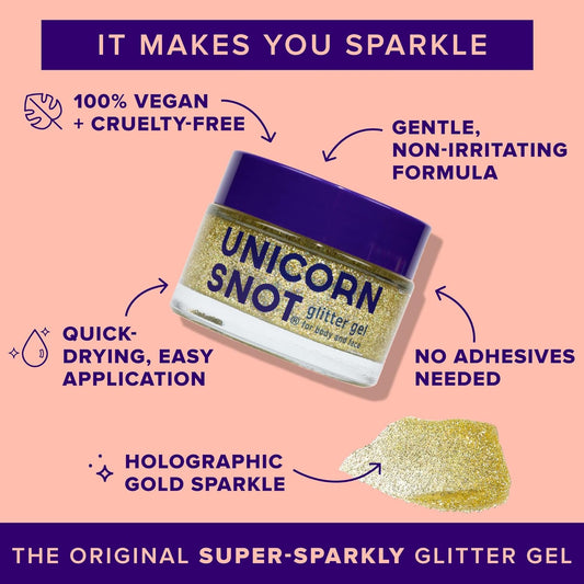Unicorn Snot Face & Body Glitter - Cosmetic-Grade Holographic Glitter Gel - Makeup For Festivals, Raves, Anime Cosplay - Safe For Face, Easy Application & Removal, 1.7Oz Gold (Bling)