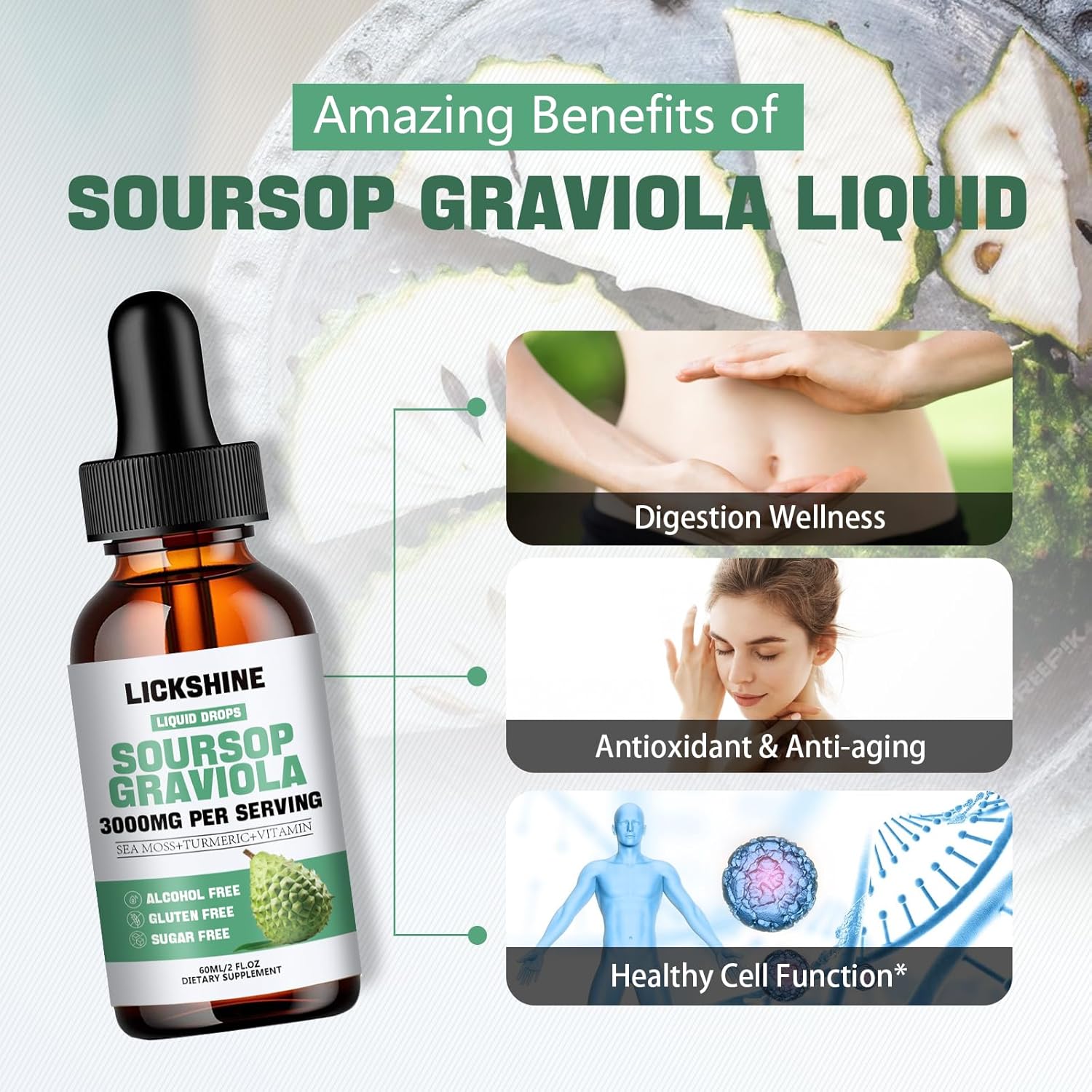 1 Packs 3000Mg Soursop Graviola Liquid Drop For Cell Support &Regeneration, Lmmune, Gut, Antioxidant, Mood, Relax, Liver And Sleep Zzz - Soursop Graviola Leaf Extract, Sea Moss, Turmeric - 2Fl Oz