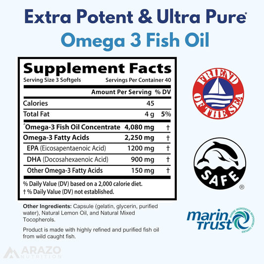 Arazo Nutrition Wild Caught Omega 3 Fish Oil – 90 Soft Gels – 4,080Mg High Epa 1200Mg Dha 900Mg Lemon Flavor Burpless Softgels