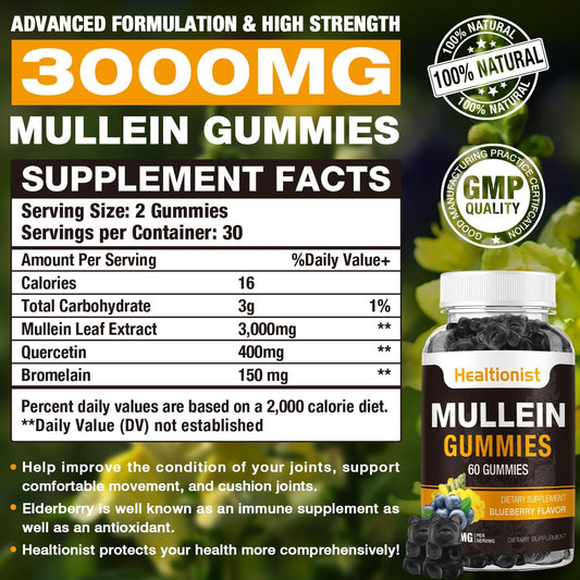 1 Pack Sugar Free Mullein Gummies - Lung Cleanse, 3000Mg Mullein Supplement For Respiratory, Organic Mullein Drops Gummy With Quercetin & Bromelain For Lung, Digestive Health & Immune 90Ct