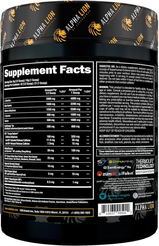 Alpha Lion Superhuman Extreme High Stim Pre Workout Powder, Beta Alanine, L-Taurine & 356Mg Tri-Source Caffeine For Sustained Energy, Nitric Oxide & Citrulline For Pump (21 Servings, Sour Gummy Bear)