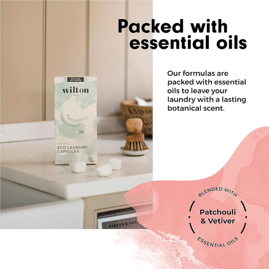 Wilton London Eco Friendly Laundry Capsules 22 Washes - 100% Plastic Free Packaging - Non-Bio - Plant-Based & Biodegradable Powder Formula - Essential Oils - Fresh And Longlasting Patchouli Scent