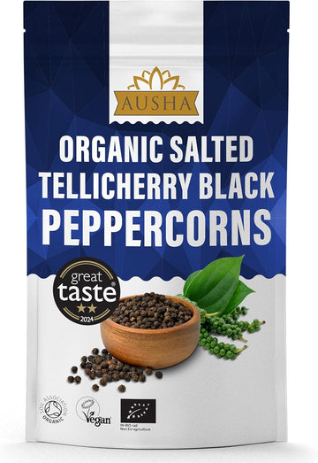 Ausha Organic Tellicherry Black Peppercorns 100G - 2** Great Taste Award 2024 - Uk Certified Organic By Soil Association - Salted