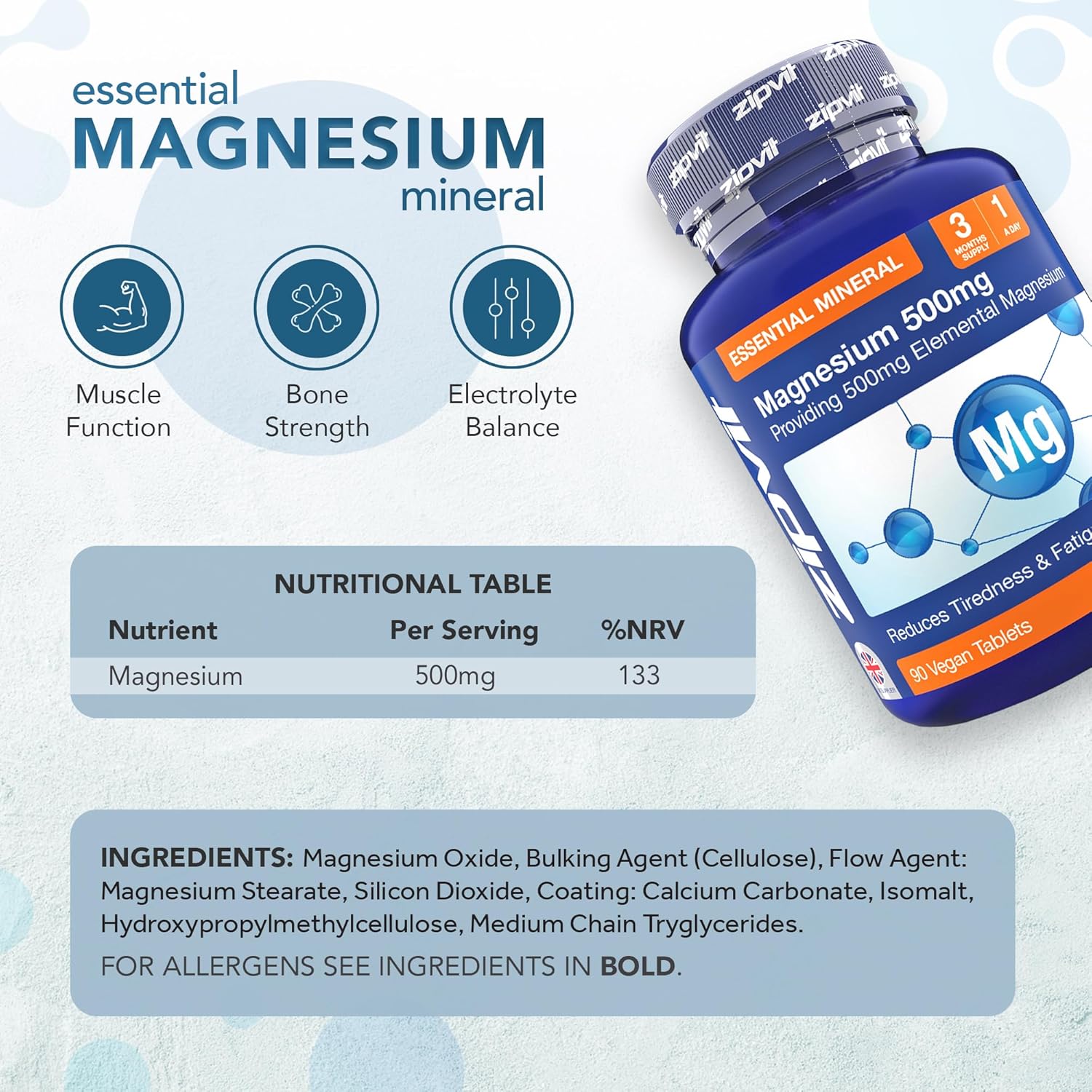 Zipvit Magnesium 500mg of Elemental, High-Strength Magnesium Supplement, 3 Month Supply, 90 Vegan Tablets, Supports Muscle, Bone & Energy : Amazon.co.uk: Health & Personal Care