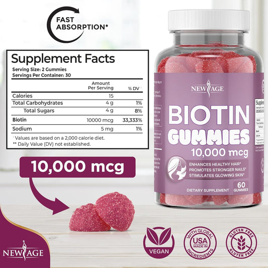 New Age Biotin Gummies  Hair, Skin & Nails Gummies  10,000 Mcg - Supports Nail Strength And Healthy Hair - Non-Gmo Supplement For Women, Men - Made In Usa -120 Count