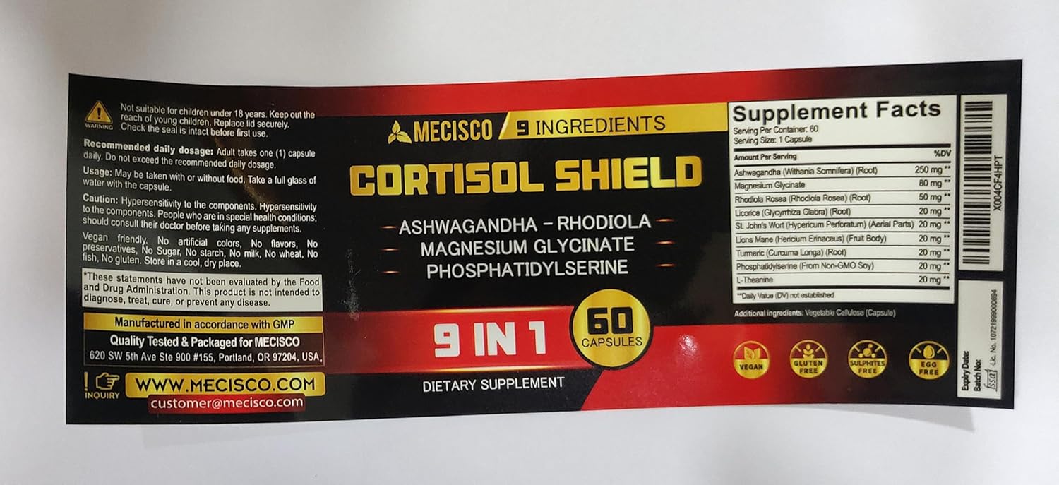9In1 Cortisol Shield - Ashwagandha & Magnesium Glycinate, Rhodiola, Phosphatidylserine, L-Theanine, Licorice Root, St. John'S Wort, Lions Mane - Mind & Mood, Restful Night Support - 60 Capsules : Health & Household