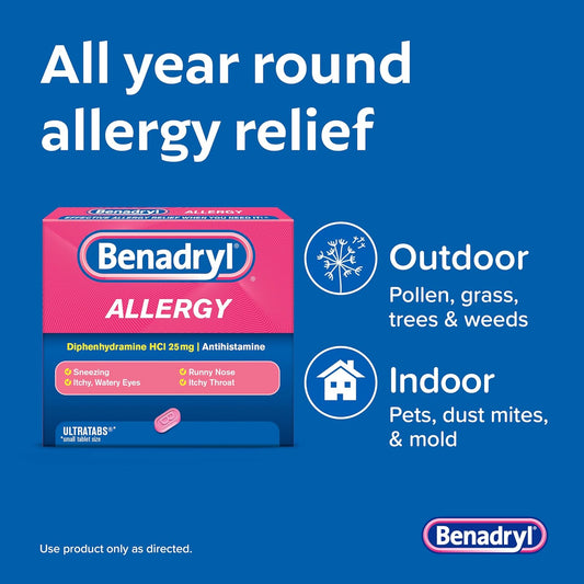 Benadryl Ultratabs Allergy Relief Medicine, 25 Mg Diphenhydramine Hcl Antihistamine Tablets For Relief Of Cold & Allergy Symptoms Like Sneezing, Runny Nose, & Itchy Eyes & Throat, 100 Ct
