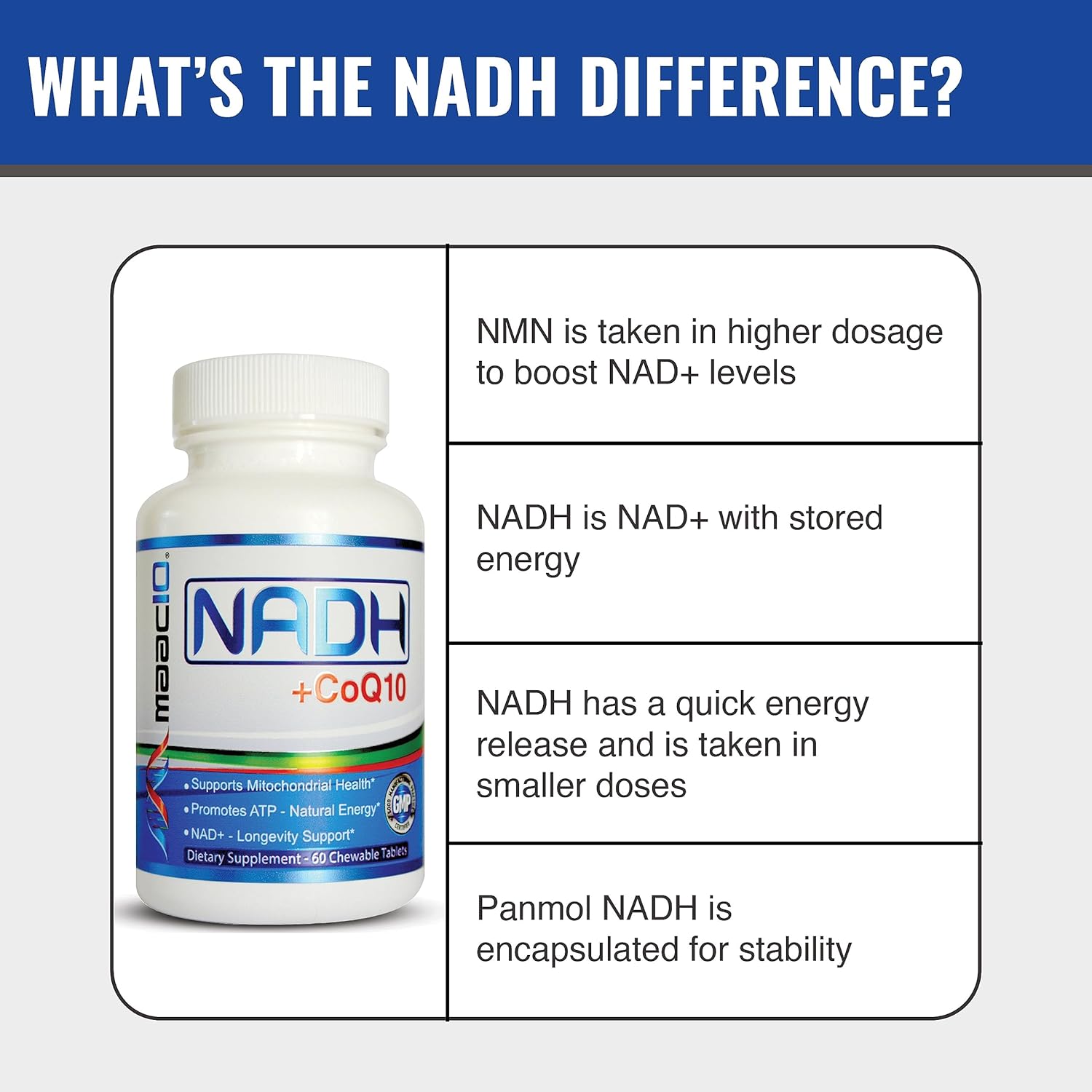 Maac10 Nadh + Coq10 Supplement | Great Tasting Chewable Tablets | 50Mg Panmol® Nadh + 100Mg Coq10 | For Fatigue, Energy And Mental Focus | Nad+ Supplement (60 Tablets 2 Per Serving) : Health & Household