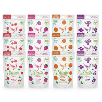 Stevita Hard Candy, Variety Pack - 12 Resealable Pouches - Includes Strawberry, Cherry, Orange & Grape Flavors - Sugar & Aspartame Free - Naturally Flavored & Sweetened - Non-Gmo, Gluten Free, Keto Friendly