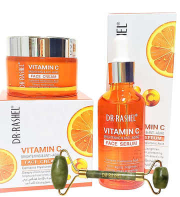 Vitamin C Face Serum And Vitamin C Face Cream Variety Pack | Hyaluronic Acid, Anti Aging And Collagen Essence + 1 Jade Roller Face Massager