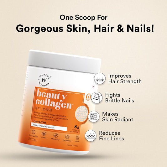 Wellbeing Nutrition Beauty Korean Marine Collagen Peptides With Hyaluronic Acid, Rosehip, Astaxanthin, Biotin & Vitamins C & E For Hair, Nails, Skin Radiance & Anti-Aging | Mango Peach Flavor - 250G