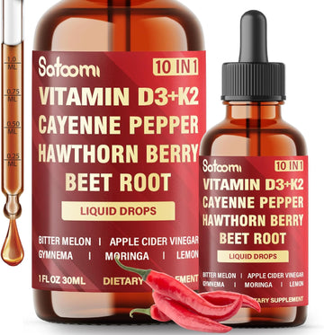 10In1 Cayenne Pepper Liquid Drops With Vitamin D3, Vitamin K2, Hawthorn Berry, Beet Root, Lemon, Apple Cider Vinegar, Gymnema, Moringa, Bitter Melon - Digestion Support - 30Ml - 60 Day Supply