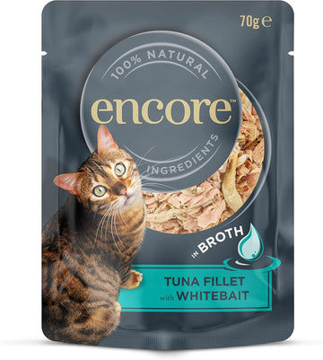 Encore 100% Natural Wet Cat Food Pouch, Tuna Fillet With Whitebait/Anchovy In Broth 70G Pouch (16 X 70G Pouches) (Packaging May Vary)Encp8002