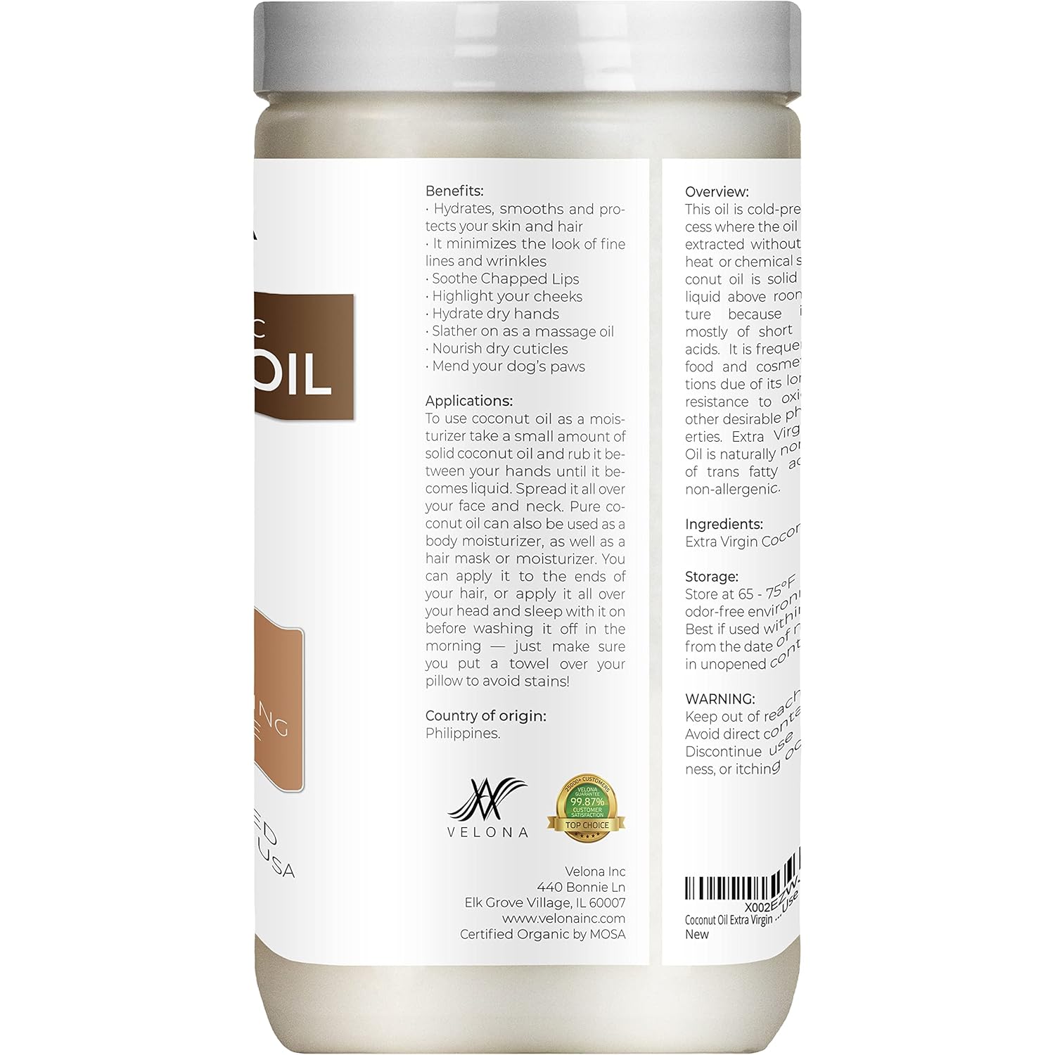 Velona USDA Certified Organic Coconut Oil Extra Virgin - 32 oz | Food and Cosmetic Grade | in jar | Extra Virgin, Cold Pressed : Beauty & Personal Care