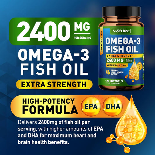 Built By Nature Omega 3 Fish Oil Soft Gels - 2400 Mg Fish Oil, 1440 Mg Omega 3, 864 Mg Epa, 576 Mg Dha - Extra Strength Brain & Heart Health Support Supplement - 60 Softgels