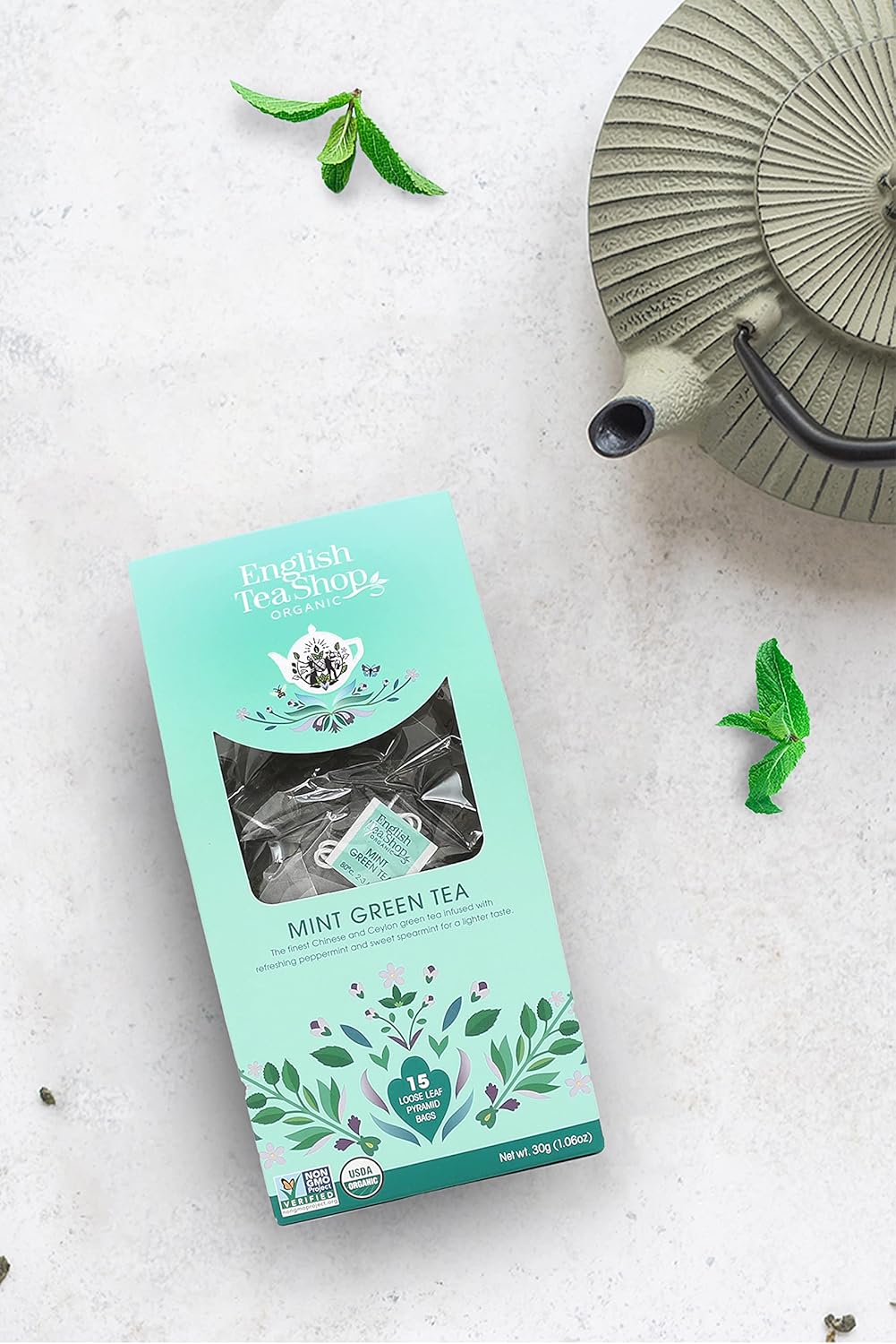 English Tea Shop Mint Green Tea, 15 Fairtrade & Organic Loose Leaf Silken Pyramid Infuser Bags, 30g : Amazon.co.uk: Grocery