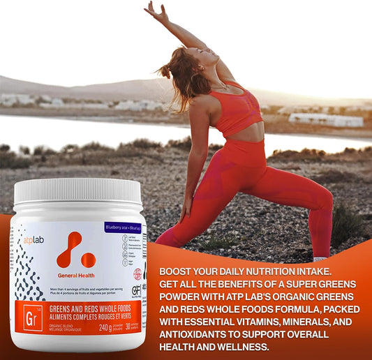Atp Lab - Greens And Reds Whole Foods 240G (Blueberry Acai Flavour) - Athletic Greens Powder Superfood - Improve Mood And Circulation - Reduce Pressure